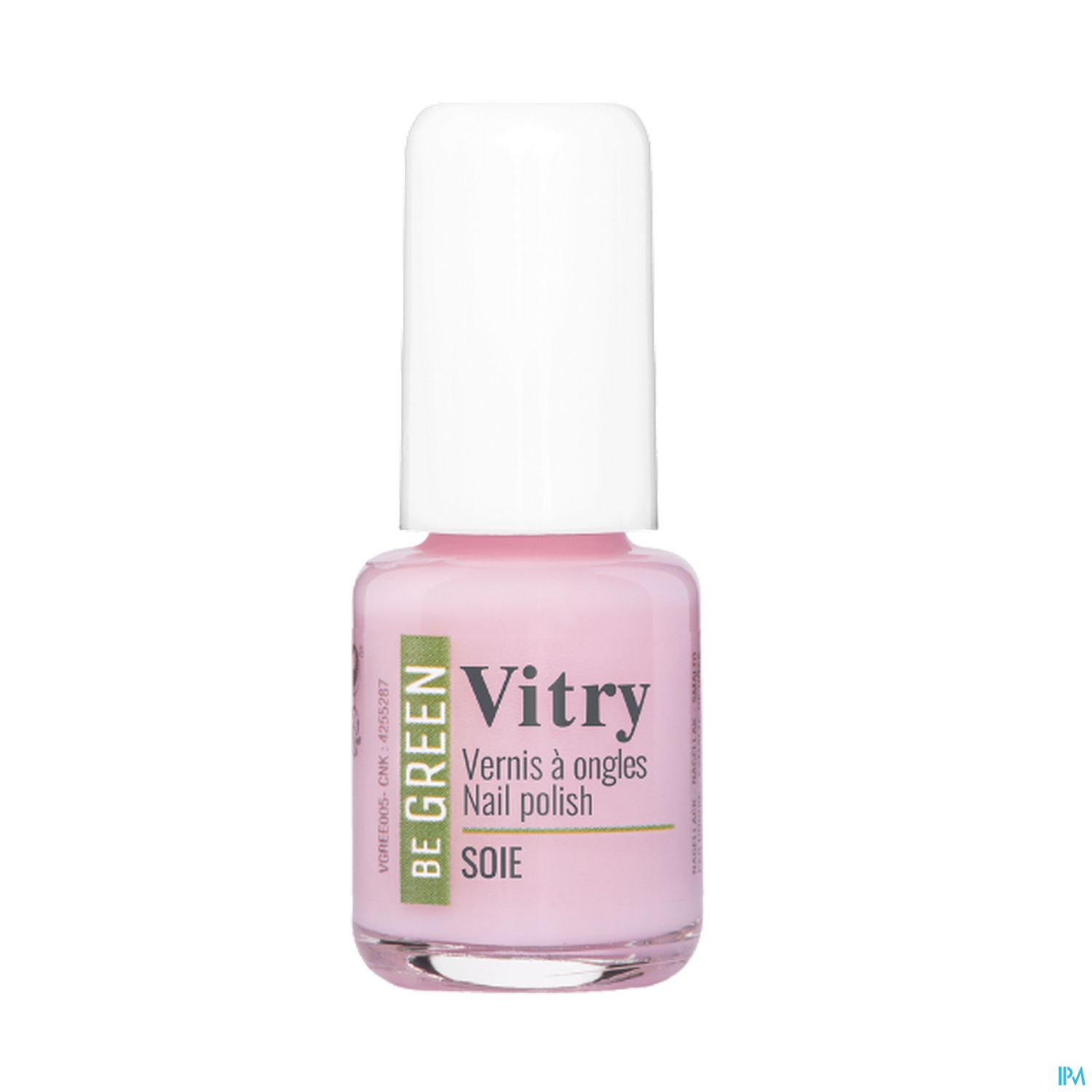 Flasche mit rosa Nagellack von Vitry, Be Green, mit weißem Deckel.