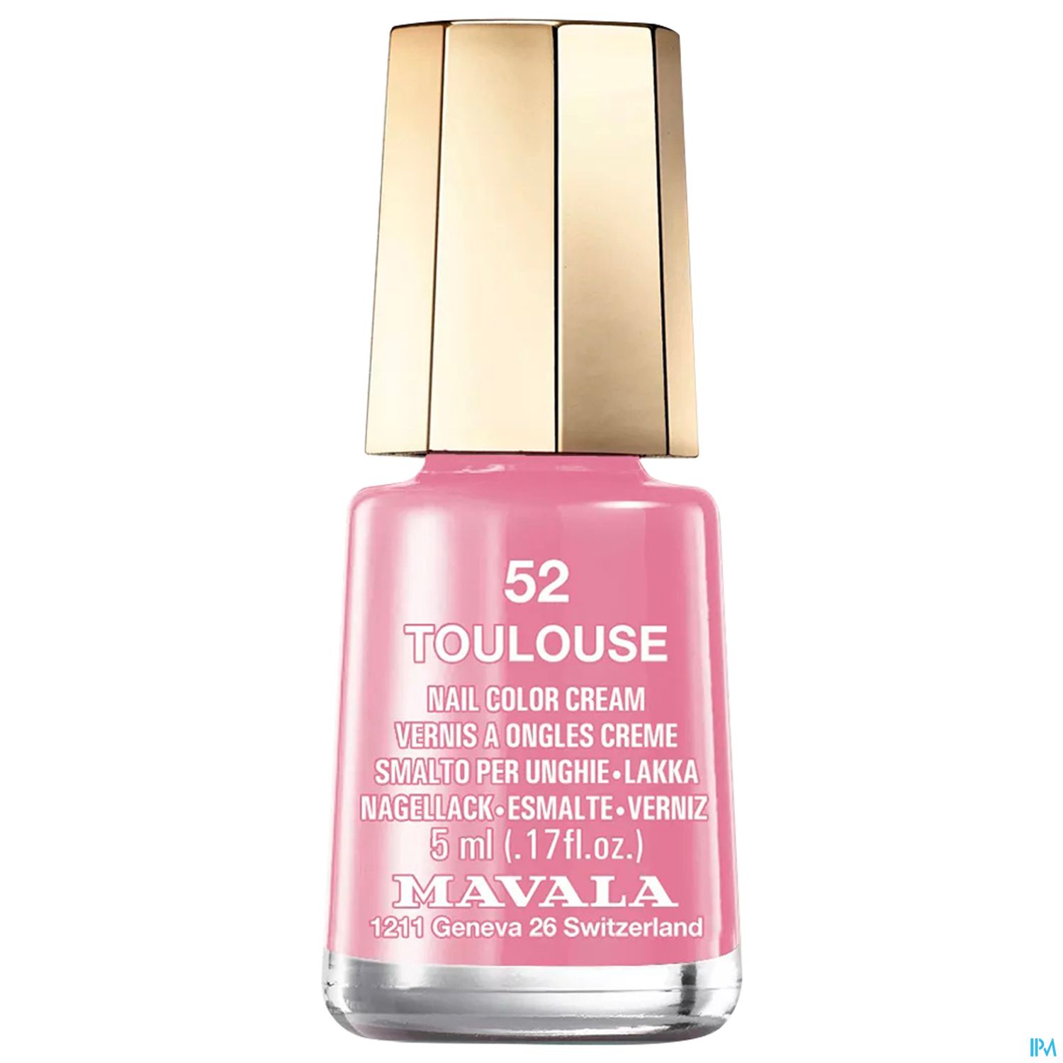 Nagellackflasche in zartem Rosa mit goldenem Verschluss, Beschriftung "52 TOULOUSE" und Logo "MAVALA".