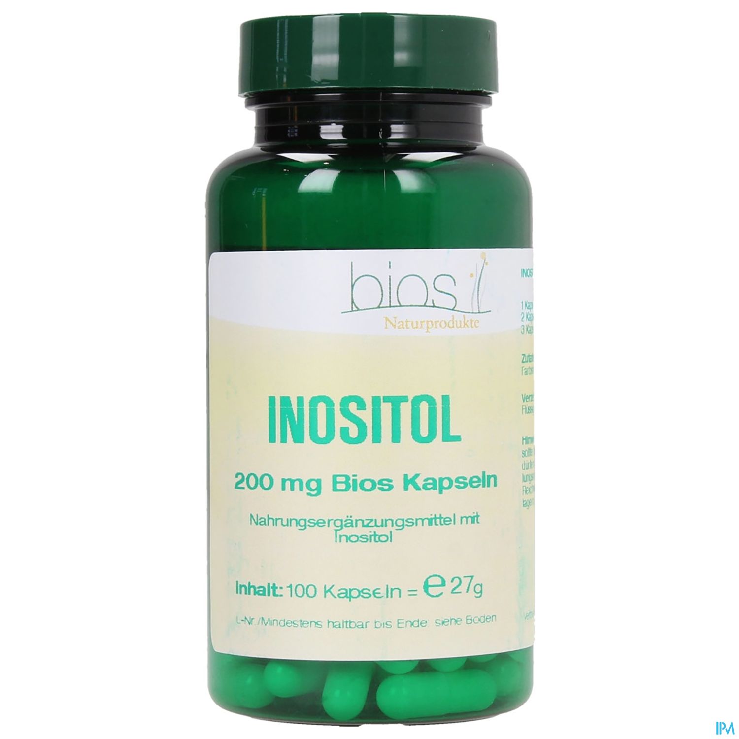 Grüne Kapsel-Flasche mit der Aufschrift "Inositol 200 mg" und Inhaltsangabe, Nahrungsergänzungsmittel mit 100 Kapseln.