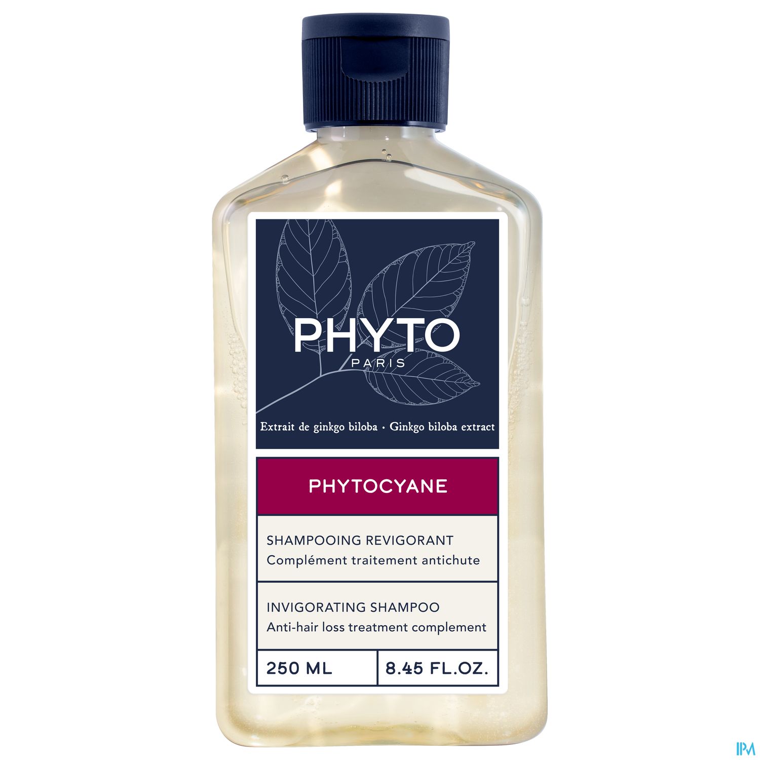 Flasche mit Phytocyane Shampoo von Phyto Paris, 250 ml, mit Ginkgo-Biloba-Extrakt.
