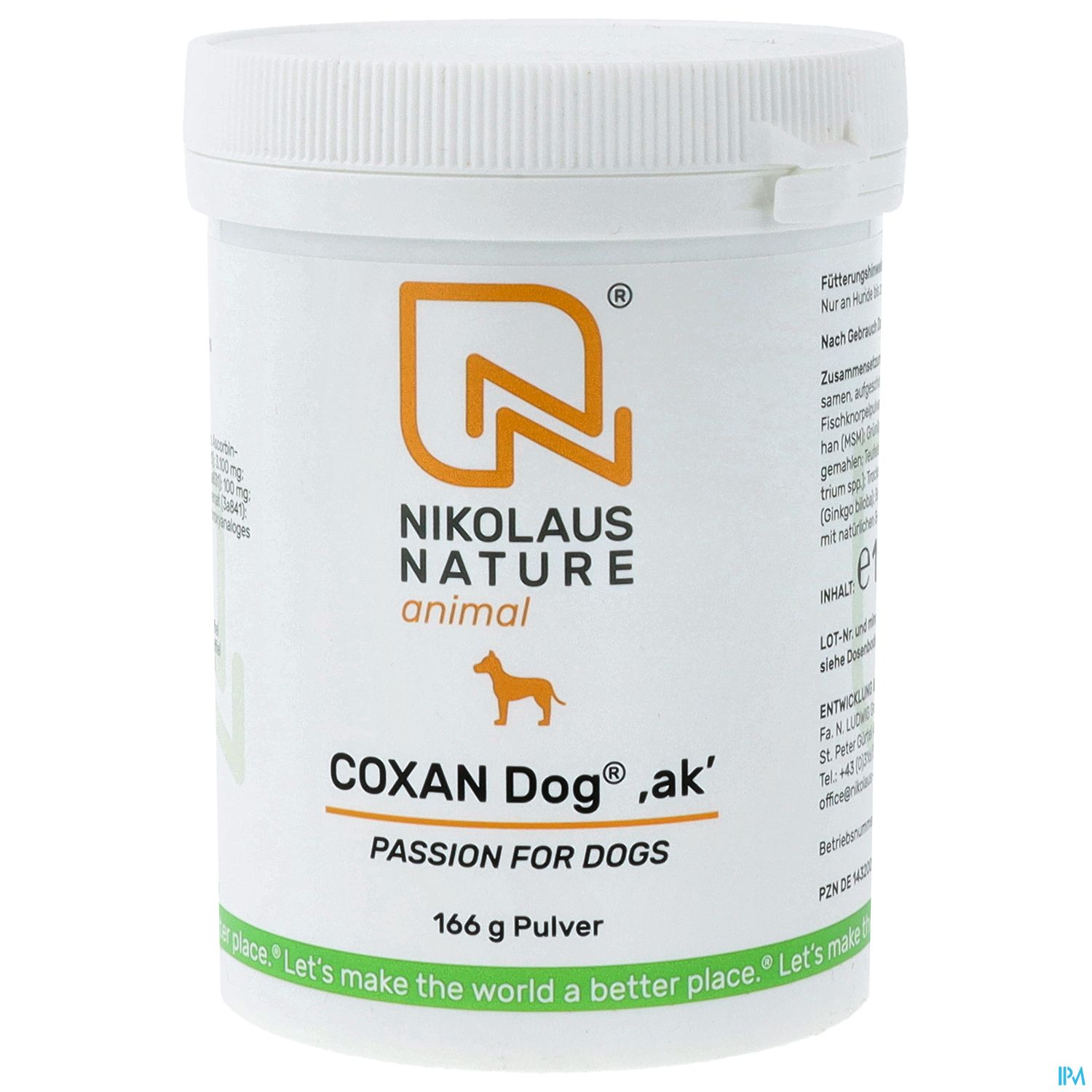 Weißer Kunststoffbehälter mit Schraubverschluss, beschriftet mit „NIKOLAUS NATURE animal COXAN Dog .ak‘ PASSION FOR DOGS 166 g Pulver“.