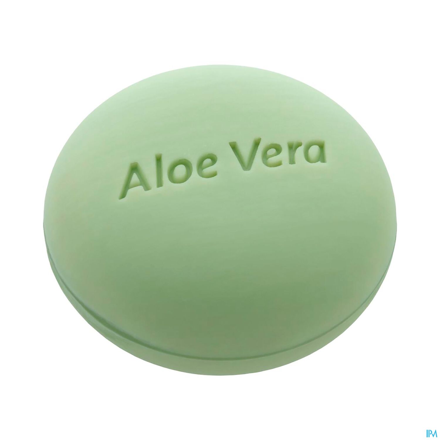 Runde Seife in softgrüner Farbe mit der Prägung "Aloe Vera".