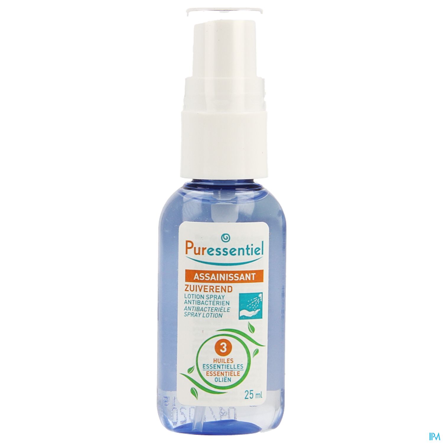 Flasche mit antibakteriellem Spray von Puressentiel, 25 ml, mit Aufschrift und Symbolen zur Anwendung.
