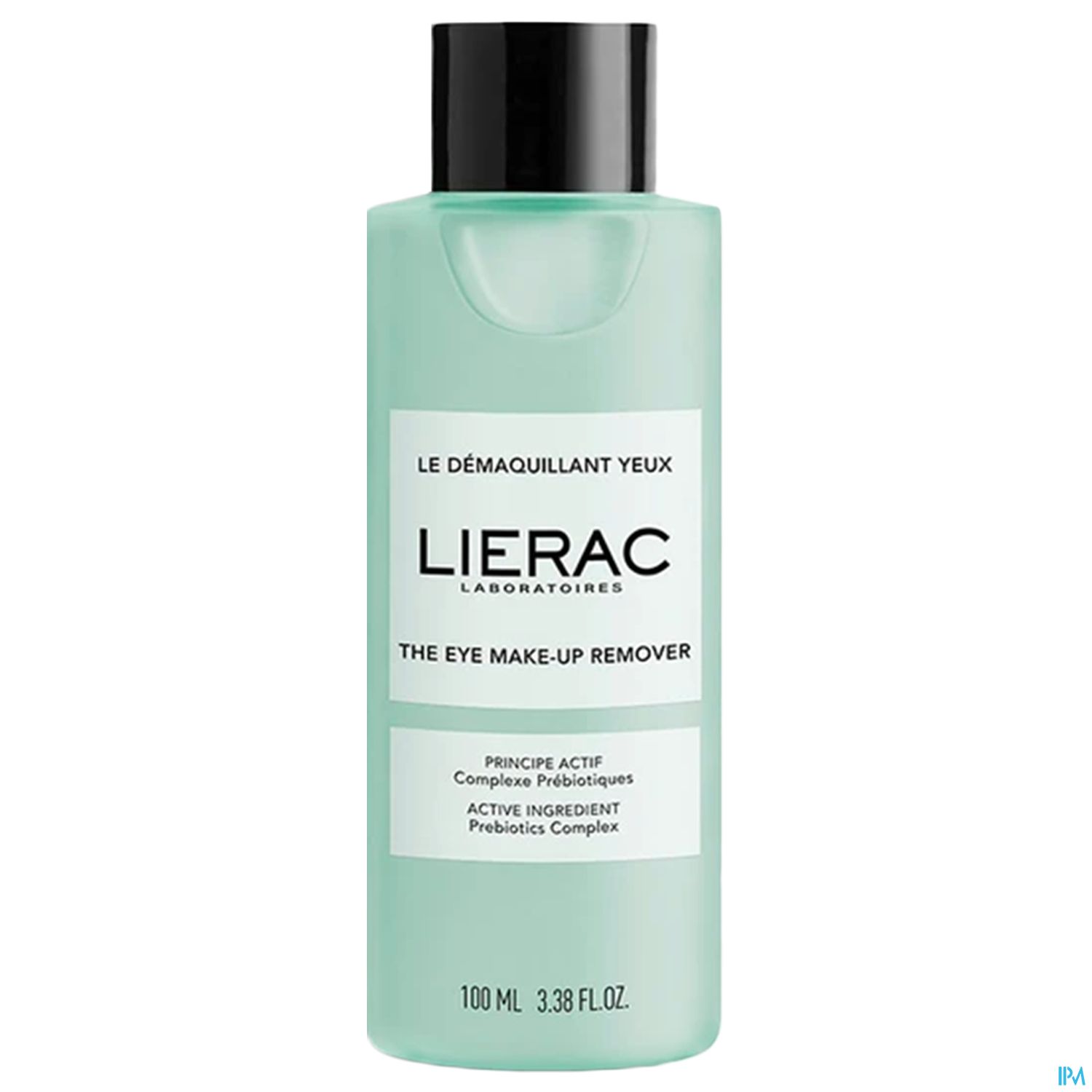 Flasche mit Lierac Augen-Make-up Entferner, 100 ml, mintgrüne Farbe, schwarzer Verschluss, Beschreibung und Inhaltsstoffe auf dem Etikett.