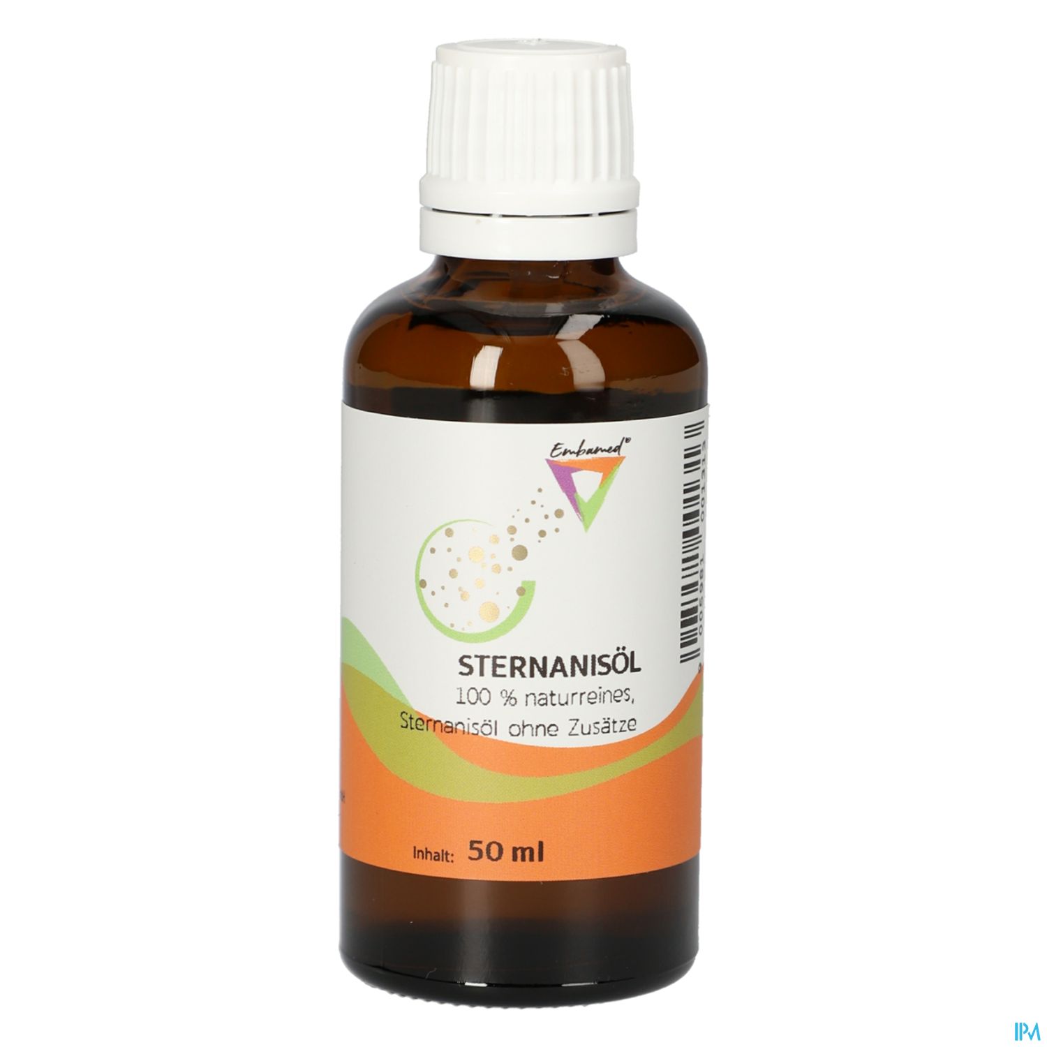 Braune Glasflasche mit Schraubverschluss, etikettiert mit "Sternanisöl 100% naturrein, ohne Zusätze", Inhalt 50 ml.