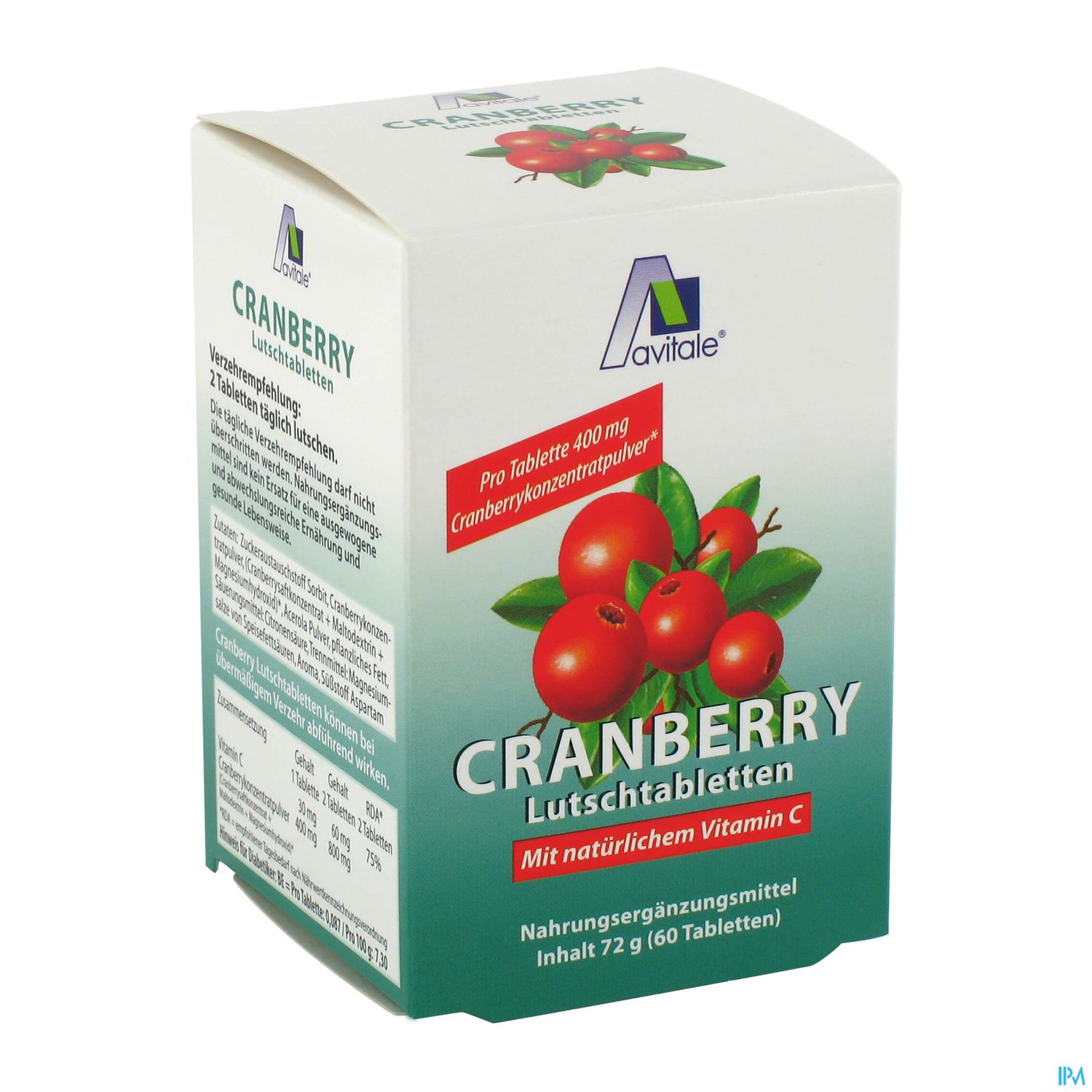 Verpackung von Cranberry Lutschtabletten mit natürlichen Vitamin C, 60 Tabletten, in grüner und roter Gestaltung.