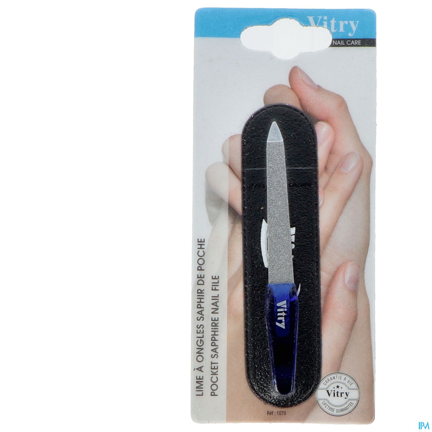 Nagelfeile mit blauem Griff in einer schwarzen Schutzhülle, verpackt im Karton.