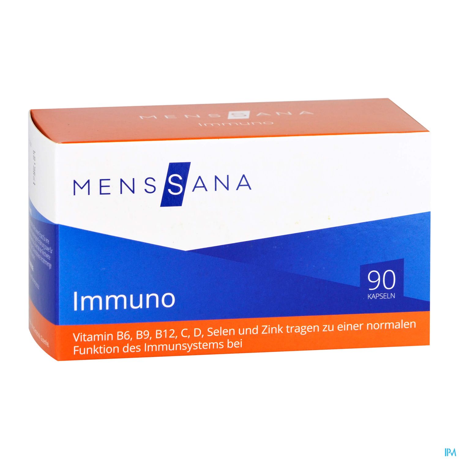 Packung mit 90 Kapseln des Nahrungsergänzungsmittels "MensSana Immuno" zur Unterstützung des Immunsystems.