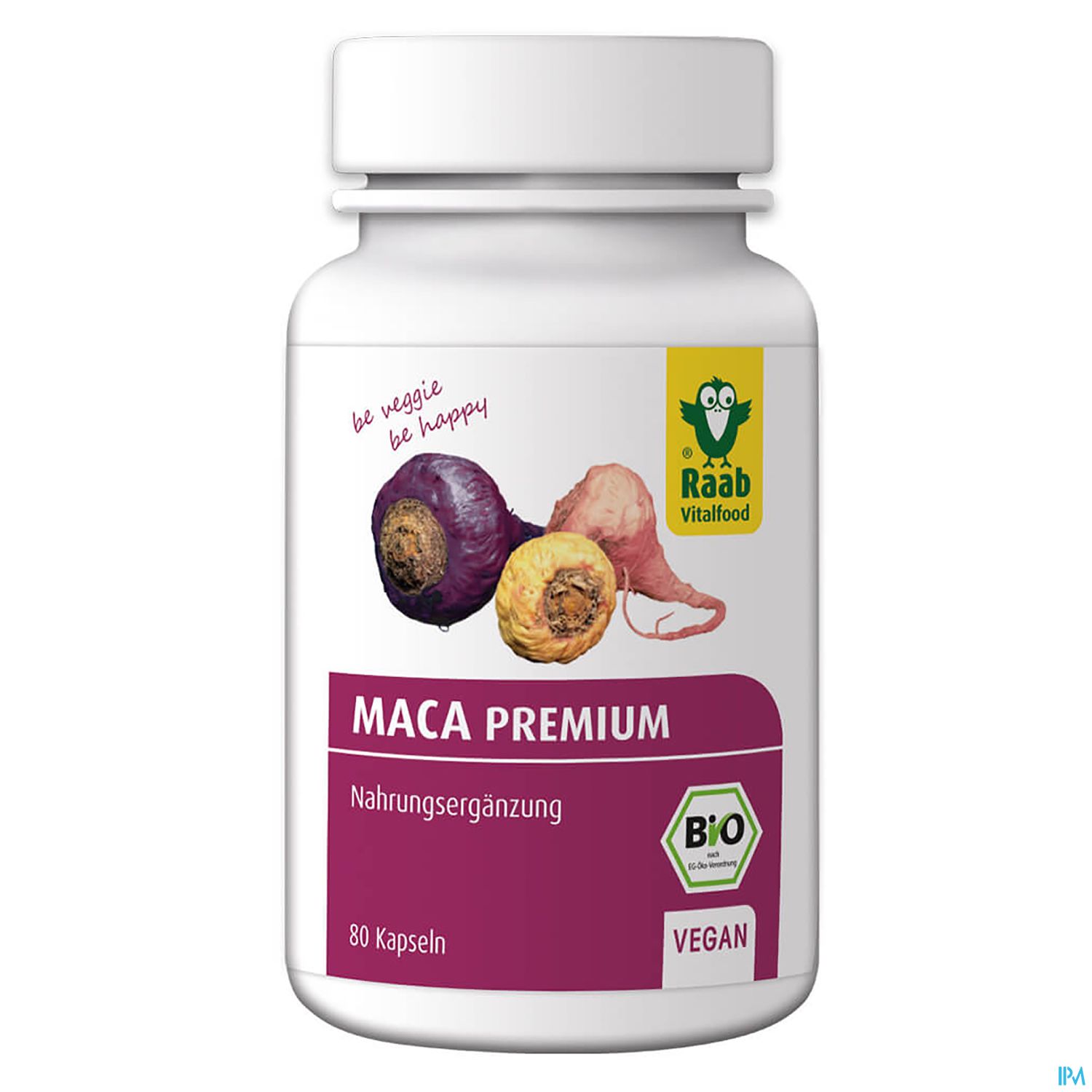 Flasche mit Maca Premium Nahrungsergänzung, 80 vegane Kapseln, Bio-Qualität.