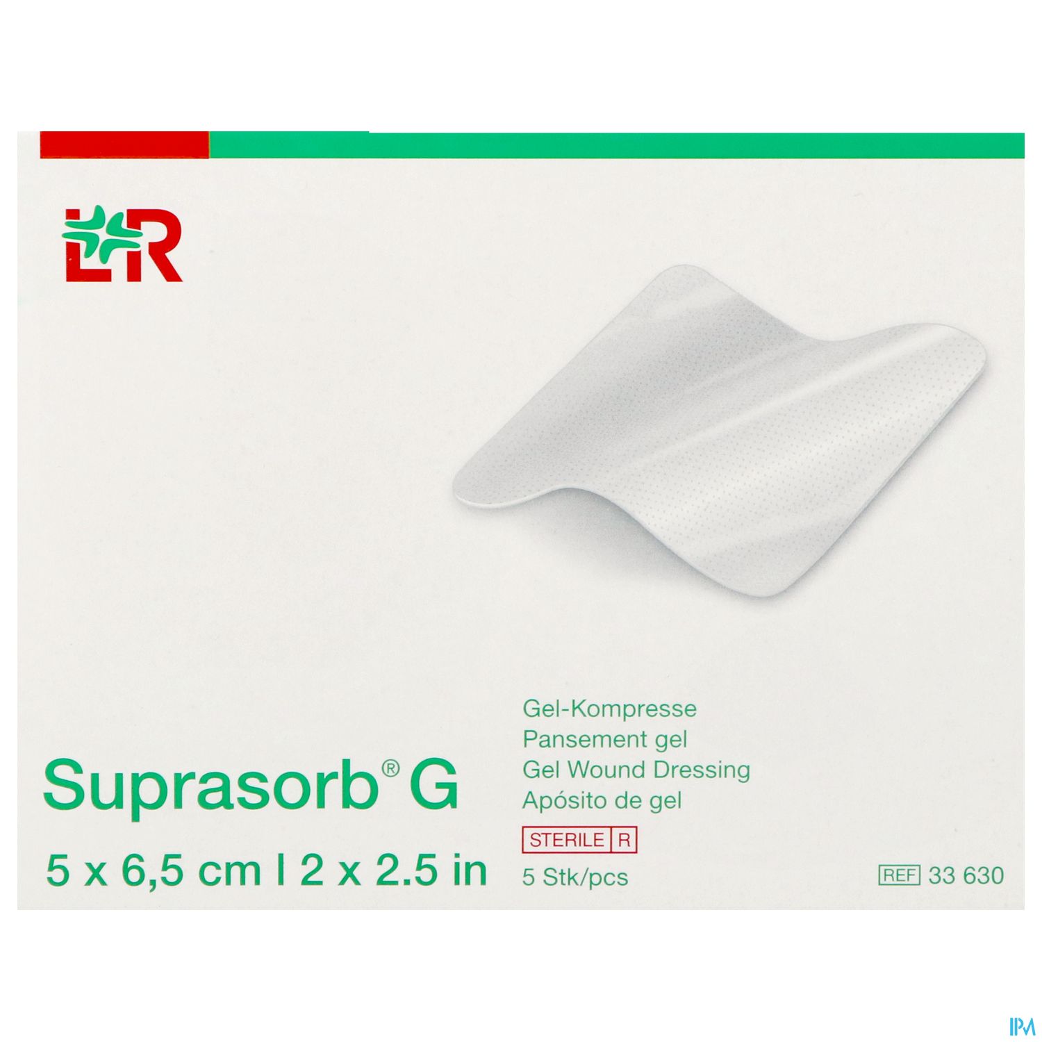 Verpackung des Suprasorb® G Gel-Wundverbands mit Beschreibung und Maßangaben.