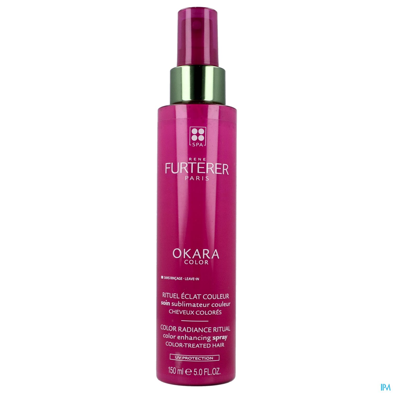 Sprayflasche für farbbehandeltes Haar, Marke René Furterer, Okara Color, 150 ml, pinke Verpackung.