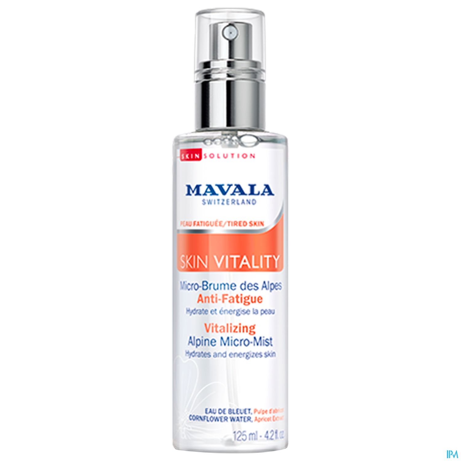 Produktflasche von Mavala Skin Vitality, eine Gesichtsspray für müde Haut mit der Aufschrift "Vitalizing Alpine Micro-Mist".