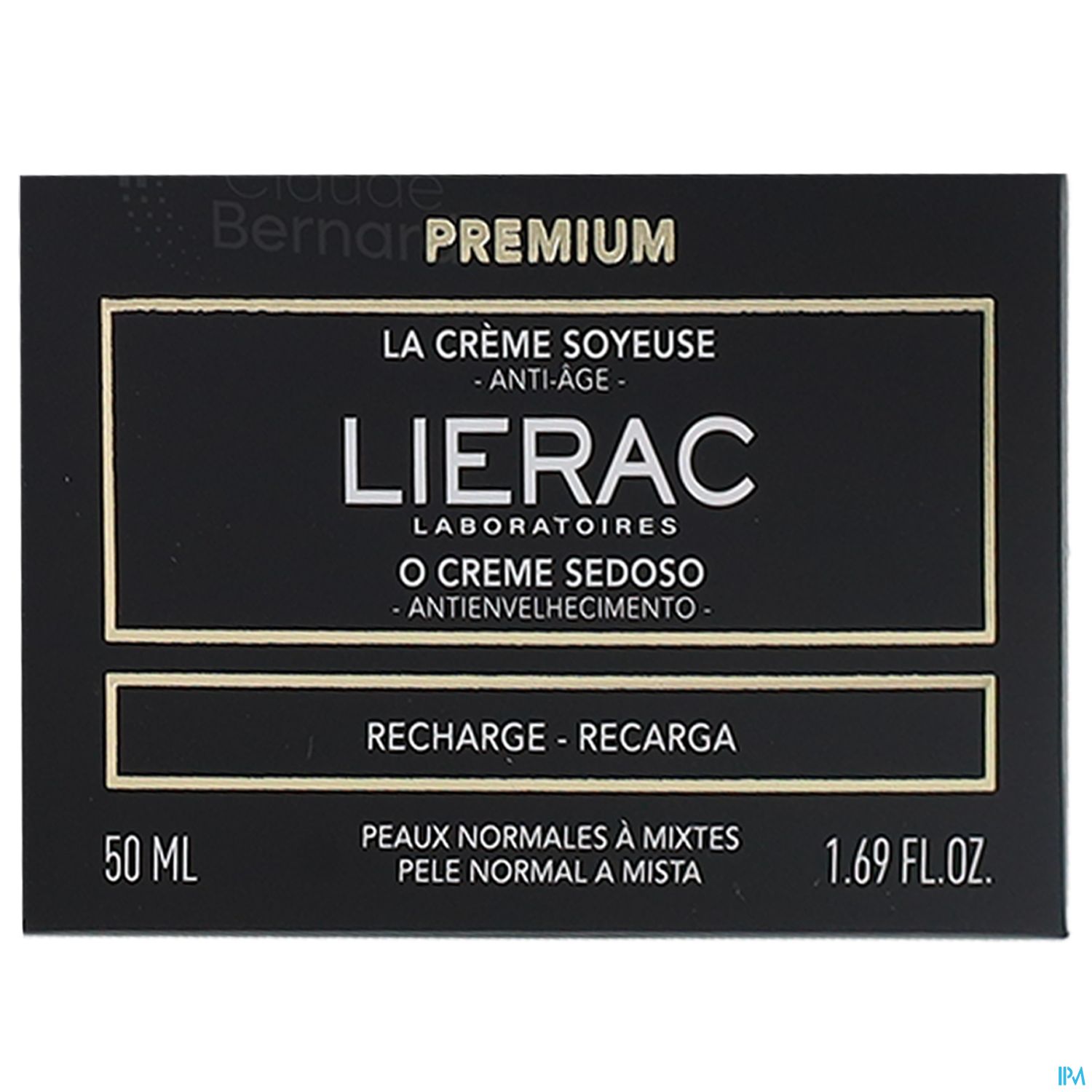 Schwarze Verpackung mit goldenen und weißen Schriftzügen; Produktbezeichnung: Lierac La Crème Soyeuse, 50 ml, für normale bis Mischhaut.