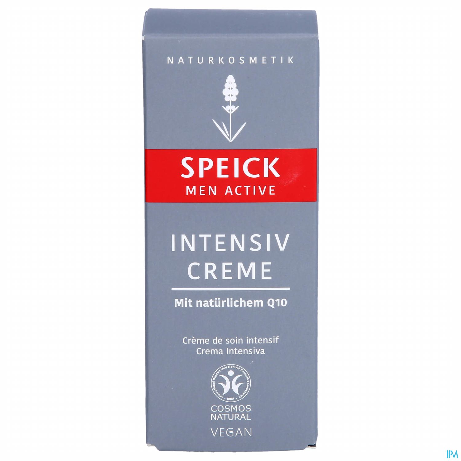 Produktverpackung von Speick Men Active Intensiv Creme mit Hinweis auf natürliche Inhaltsstoffe und veganer Formel.