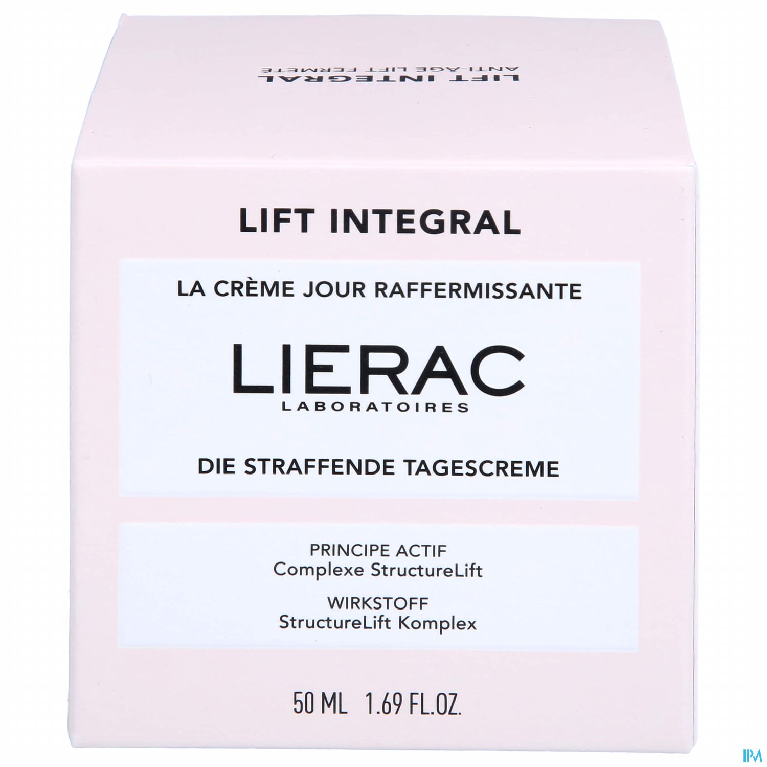 Verpackung der Lierac Lift Integral straffenden Tagescreme, rosa Box mit französischer und deutscher Beschreibung.