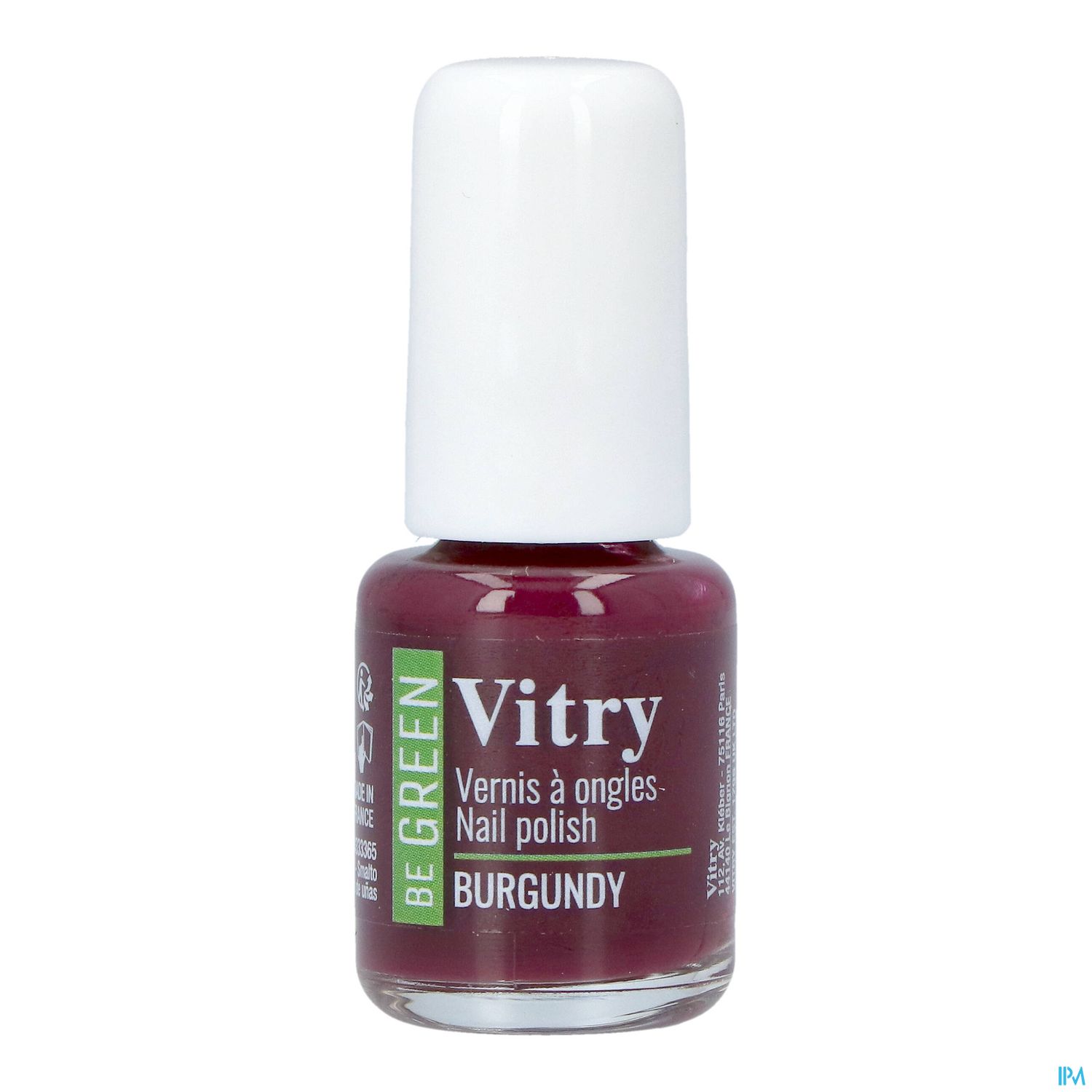 Flasche mit burgunderfarbener Nagellack von Vitry, etikettiert mit "Be Green" und "Vernis à ongles".