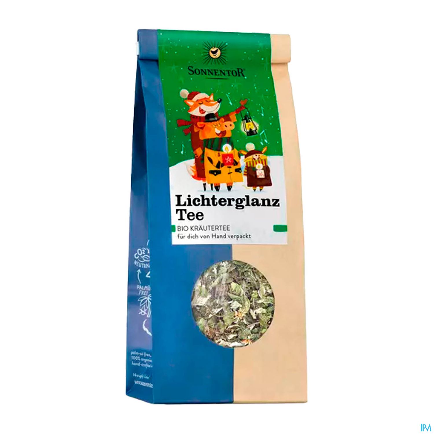 Verpackung des Sonnentor Lichtglanz Tees in einer blauen Tüte mit Sichtfenster und weihnachtlichem Design.