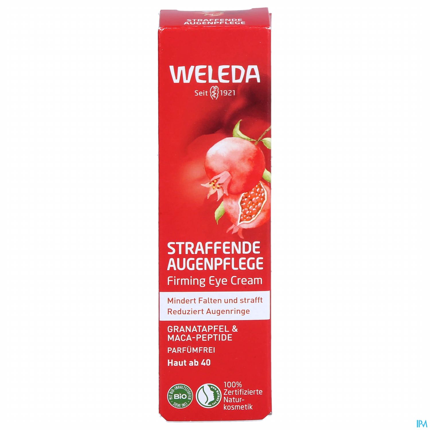 Rote Verpackung der Weleda straffenden Augenpflege mit Granatapfel und Maca-Peptiden, Hinweis auf faltenmindernde Wirkung, netto für Personen ab 40 Jahren.