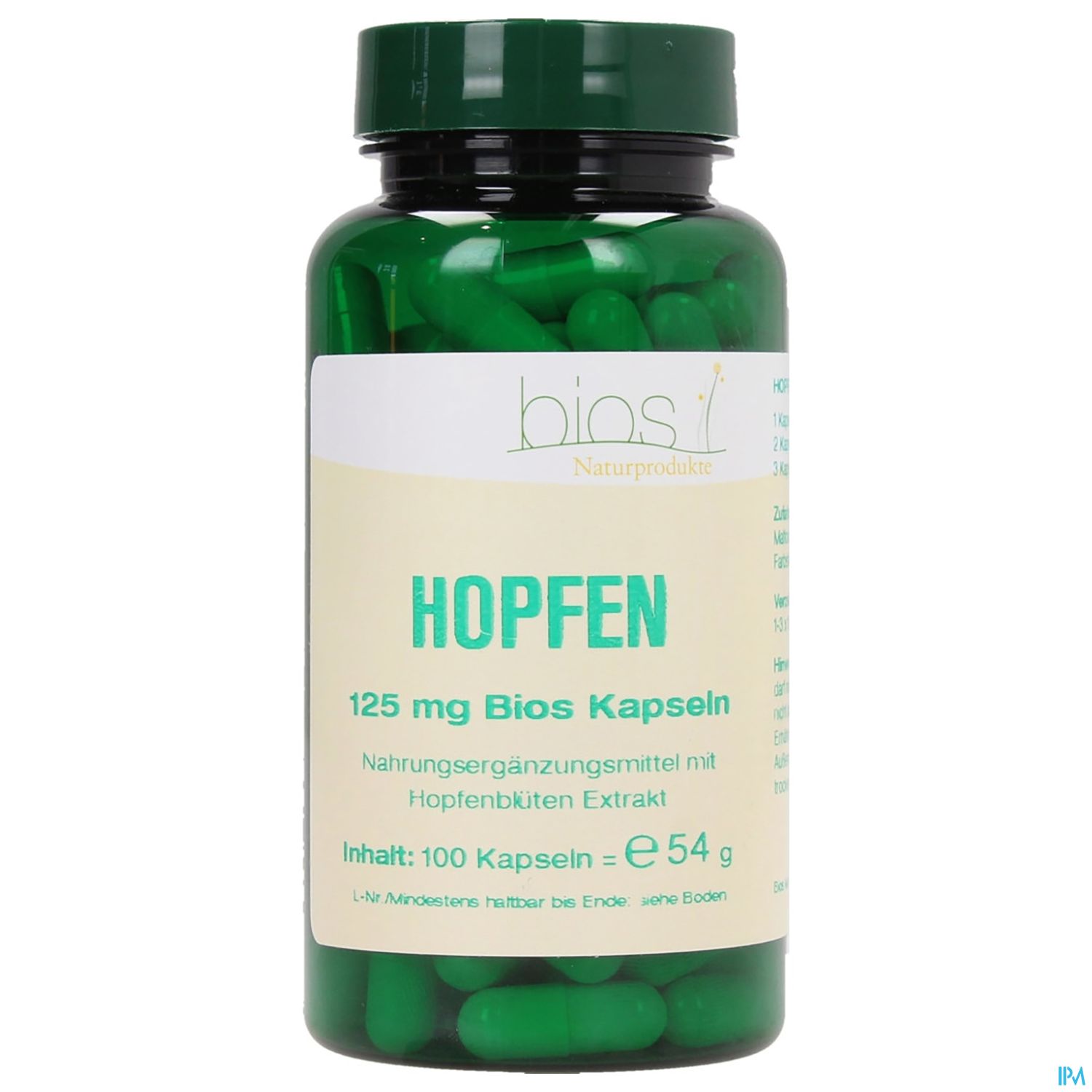 Grüne Kapseln in einem transparenten Fläschchen mit der Aufschrift "Hopfen 125 mg Bios Kapseln", 100 Kapseln, Inhalt 54 g.