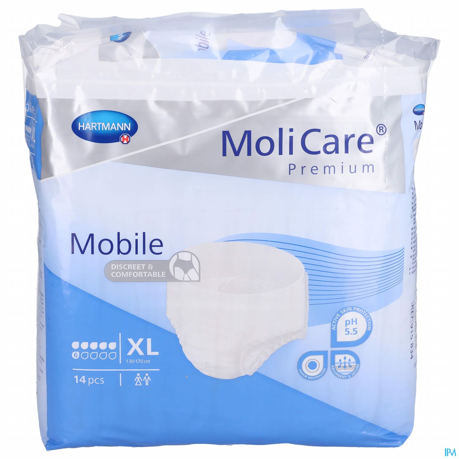 Packung mit MoliCare Premium Mobile Inkontinenzprodukten, 14 Stück in Größe XL, auf weißem Hintergrund.