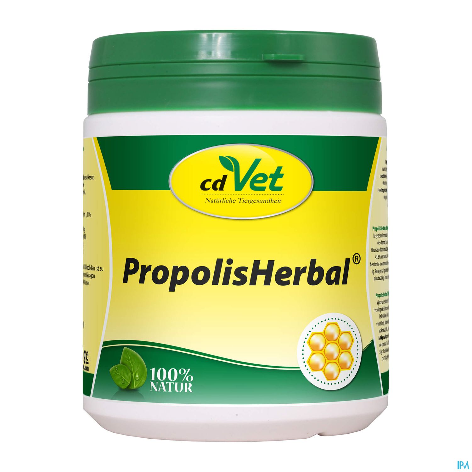 Dosenbehälter mit dem Aufdruck "PropolisHerbal®" von cdVet, grün-gelb, mit dem Hinweis "100% NATUR".