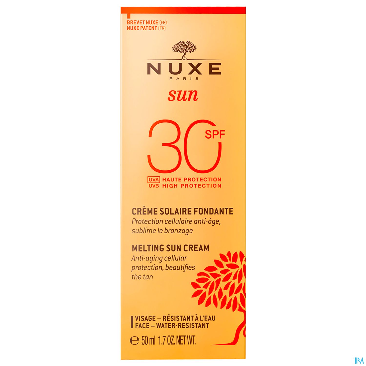 Produktverpackung der NUXE Sonnencreme mit SPF 30, enthält Informationen zu Anwendung und Schutz.