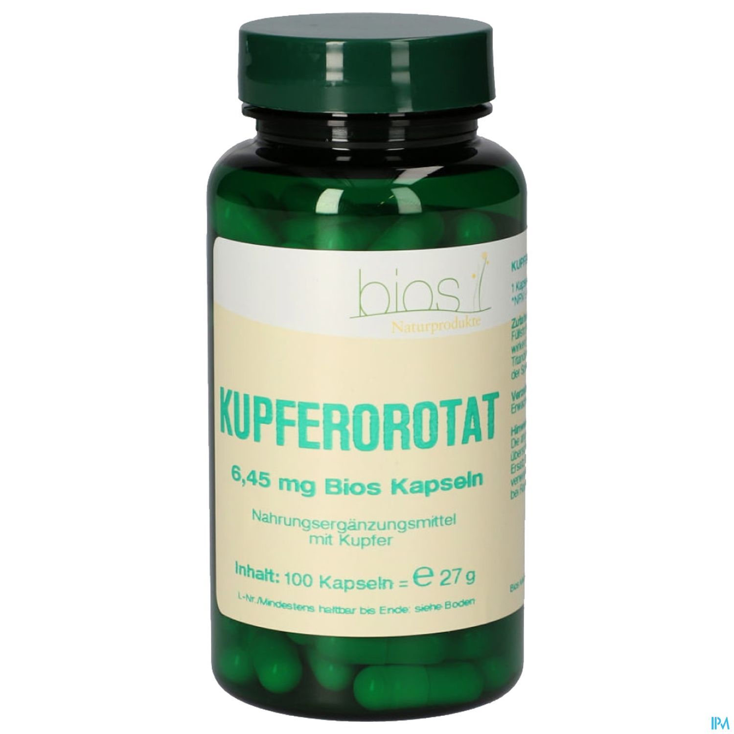 Grüne Kapselpackung mit der Aufschrift "Kupferorotat – 6,45 mg Bios Kapseln mit Kupfer – Inhalt: 100 Kapseln – € 27 g".