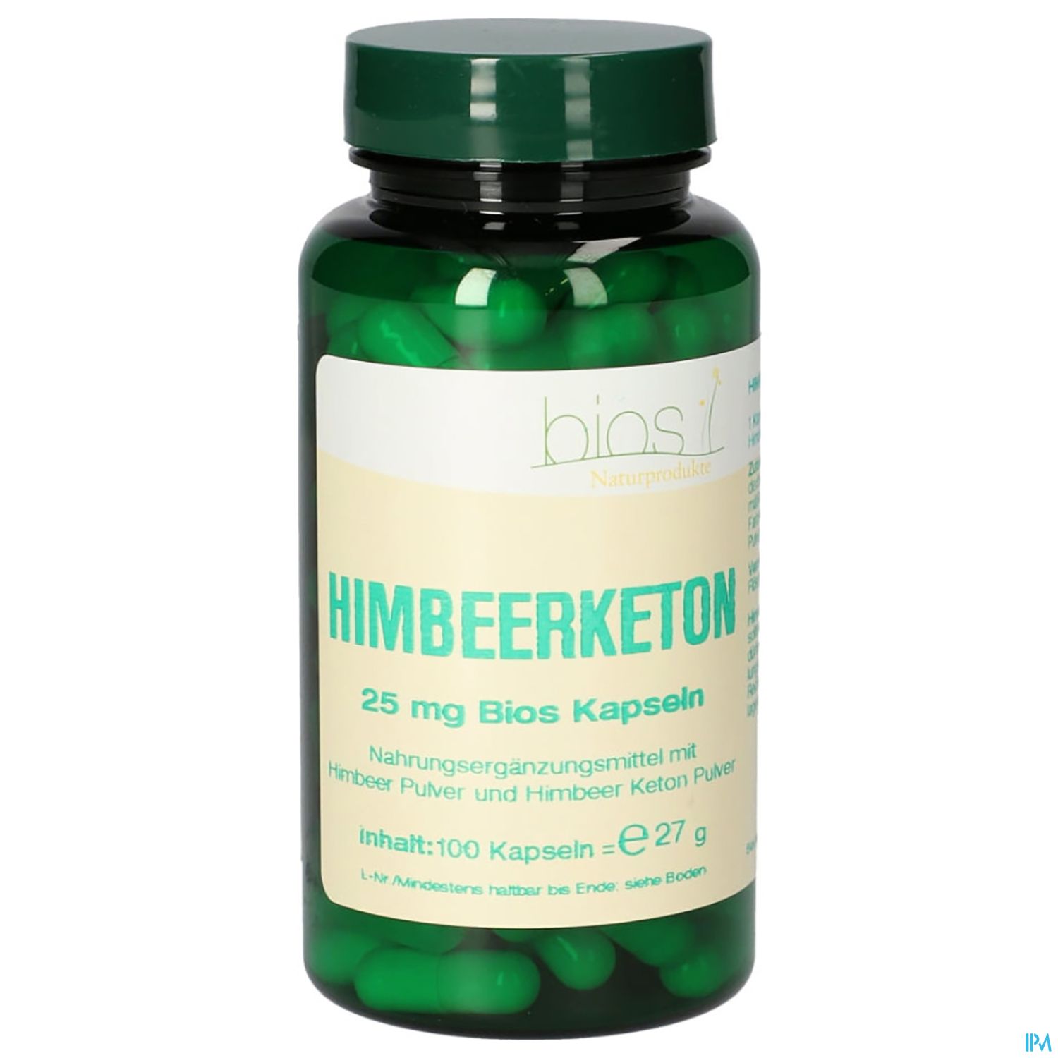 Grüne Kapsel-Flasche mit der Aufschrift "Himbeerketon" und Informationen zu Inhalt und Dosierung.