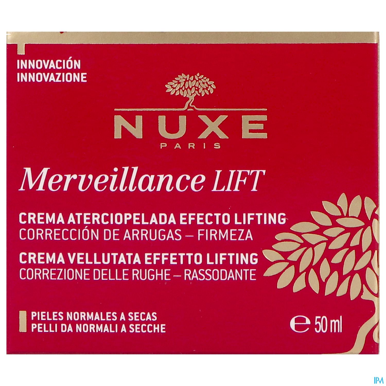 Rote Verpackung mit der Aufschrift „Nuxe Merveillance LIFT“, die eine Anti-Aging-Creme für normale bis trockene Haut beschreibt, Inhalt 50 ml.