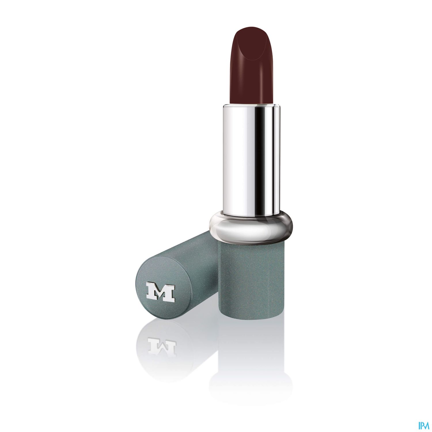 Dunkelroter Lippenstift in einer silbernen Hülse, teilweise geöffnet.