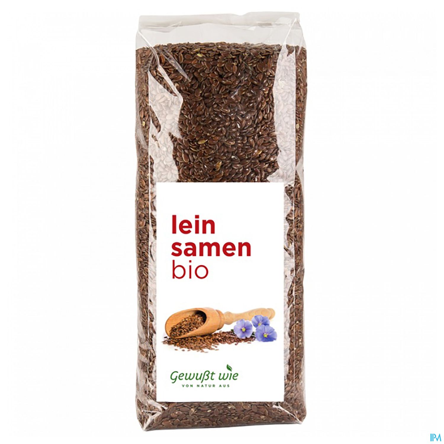 Packung mit Bio-Leinsamen, transparent mit braunen Samen, Etikett mit der Aufschrift "Leinsamen bio" und einem Holzlöffel.