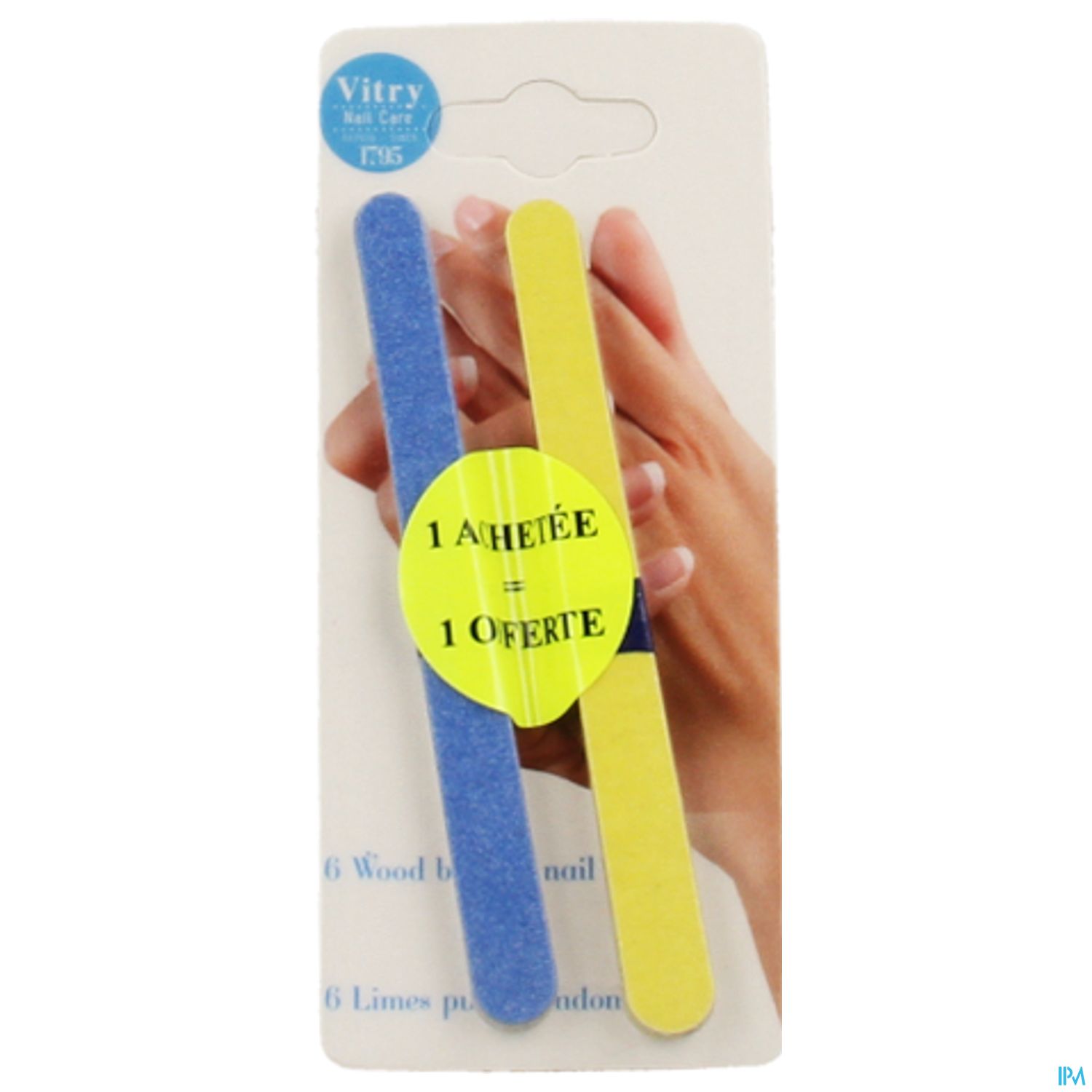 Verpackung mit zwei Nagelfeilen in blauer und gelber Farbe, beschriftet mit "1 AHETÉE = 1 OFFERTE" und Informationen über die enthaltenen Feilen.