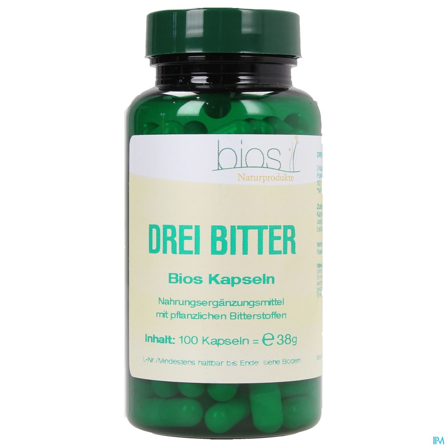 Grüner Flaschenbehälter mit Kapseln, Beschriftung "Drei Bitter" und Angaben zu Inhalt und Preis.