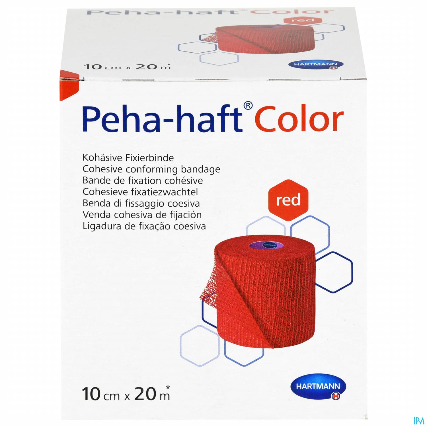 Verpackung einer roten kohäsiven Fixierbinde namens Peha-haft Color mit den Maßen 10 cm x 20 m.