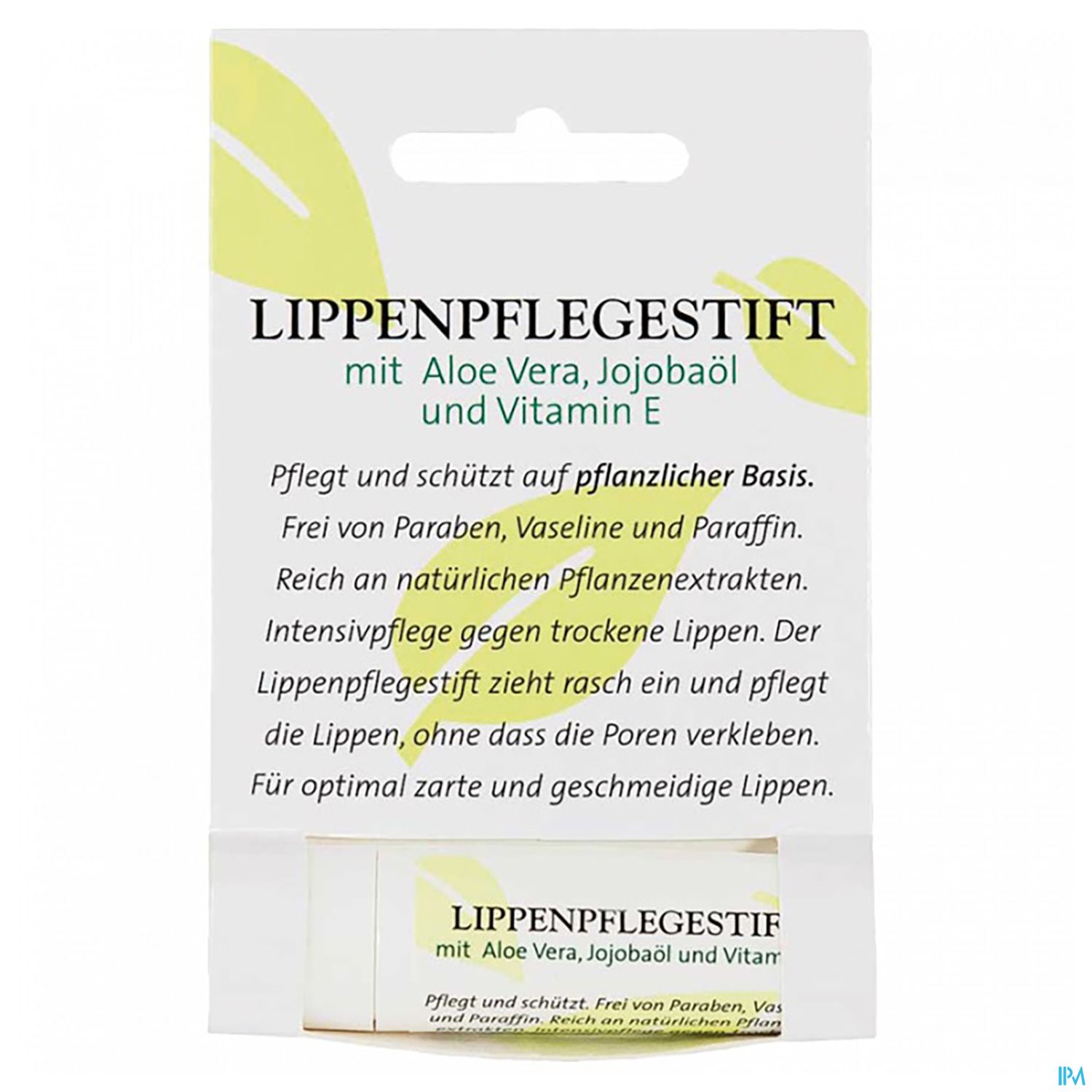 Verpackung eines Lippenpflegestifts mit der Aufschrift "LIPPENPFLEGESTIFT mit Aloe Vera, Jojobaöl und Vitamin E", Informationen über die Inhaltsstoffe und deren Vorteile.