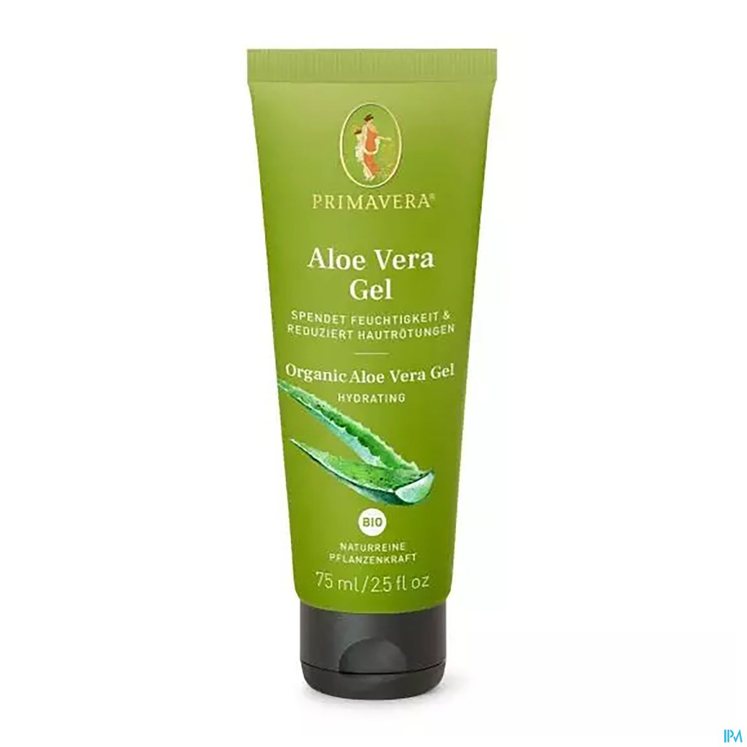 Grüne Tube mit Aloe Vera Gel von Primavera, 75 ml, beschriftet mit „Spendet Feuchtigkeit & reduziert Hautrötungen“.