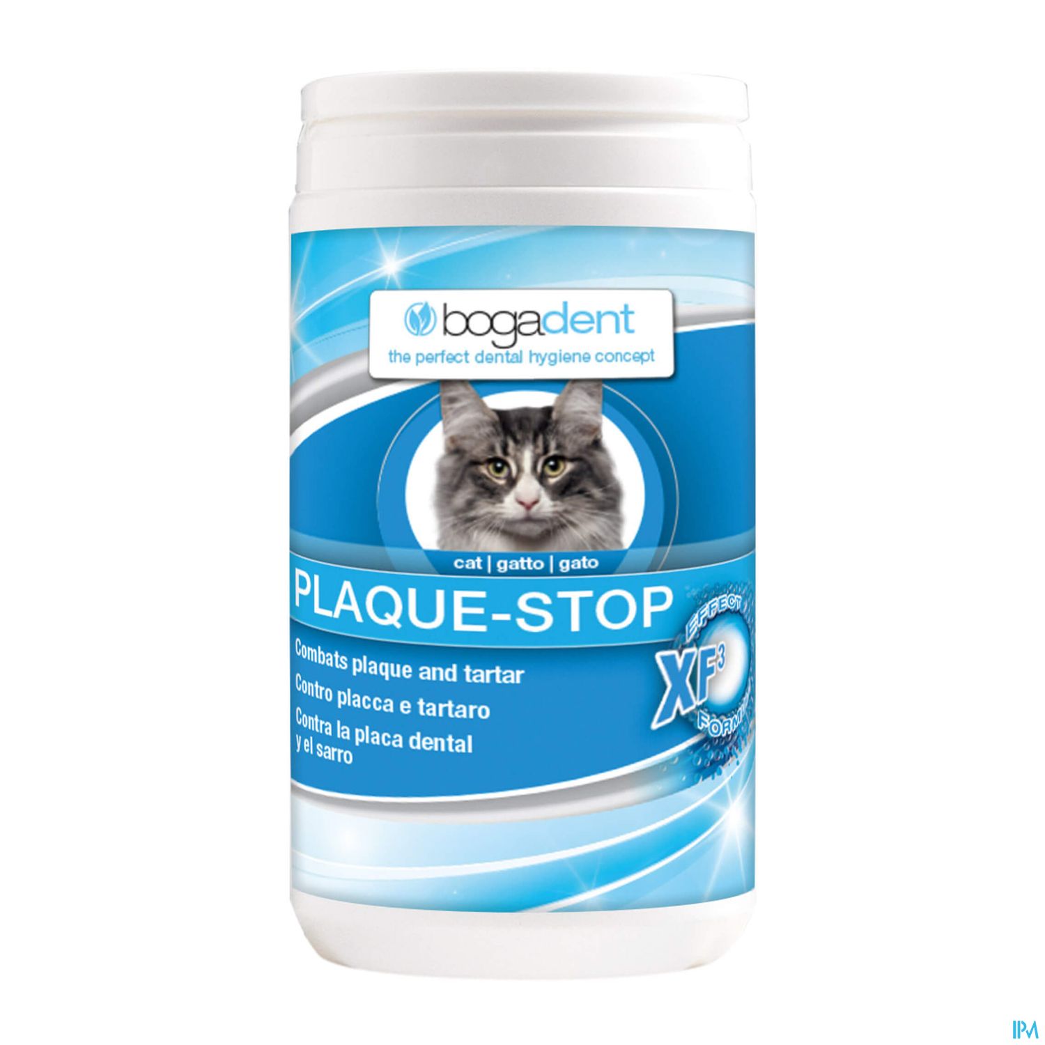 Weißer Behälter mit blauer Etikettierung, auf dem "PLAQUE-STOP" und ein Katzenbild zu sehen sind, zur Bekämpfung von Plaque und Zahnstein bei Katzen.