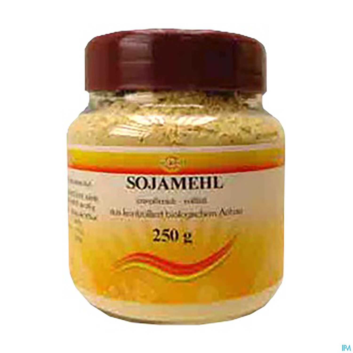 Ein Glasbehälter mit Sojamehl, beschriftet mit "SOJAMEHL" und dem Inhalt von 250 g.