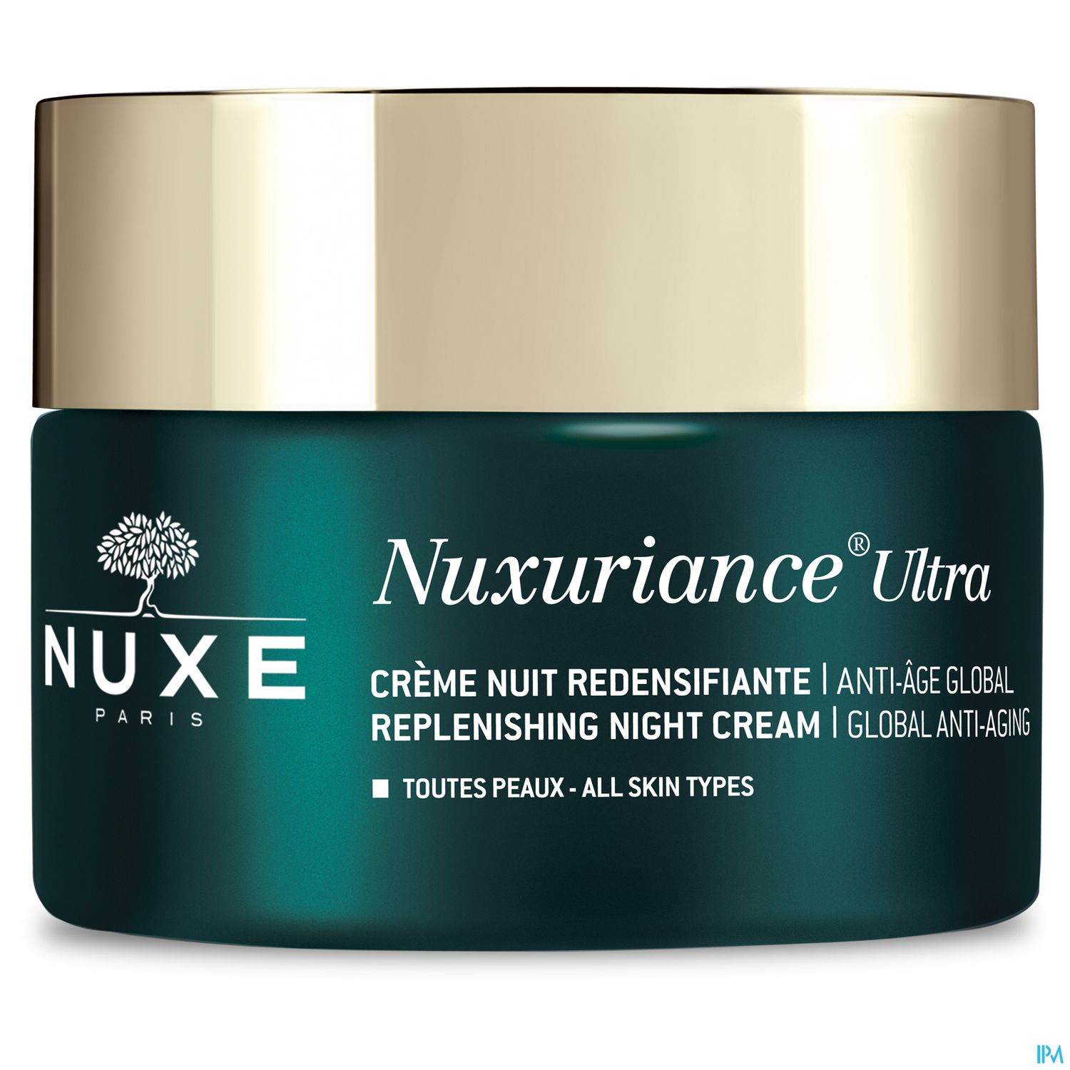 Nuxe Nuxuriance Ultra Nachtcreme in einem grünen Tiegel mit goldfarbenem Deckel.