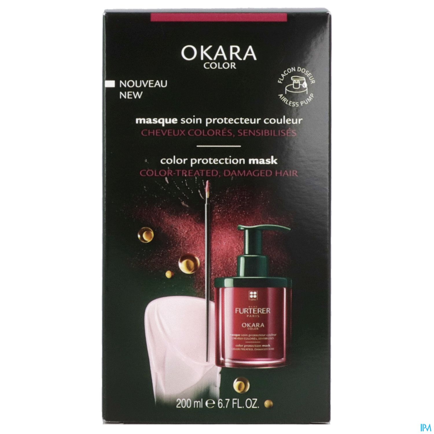 Produktverpackung einer Farbschutzmaske von Furterer, mit der Aufschrift "OKARA COLOR" und Abbildungen eines Spenders und Pflegemaske.
