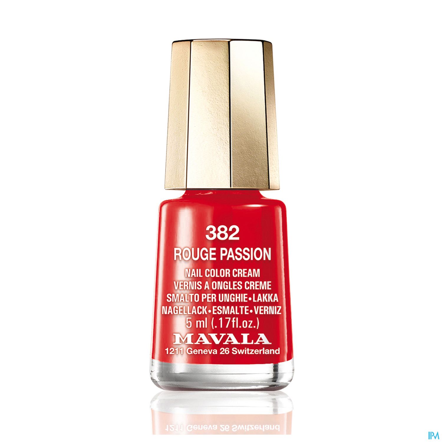 Roter Nagellack in einer durchsichtigen Flasche mit goldenem Deckel, beschriftet mit "ROUGE PASSION 382".