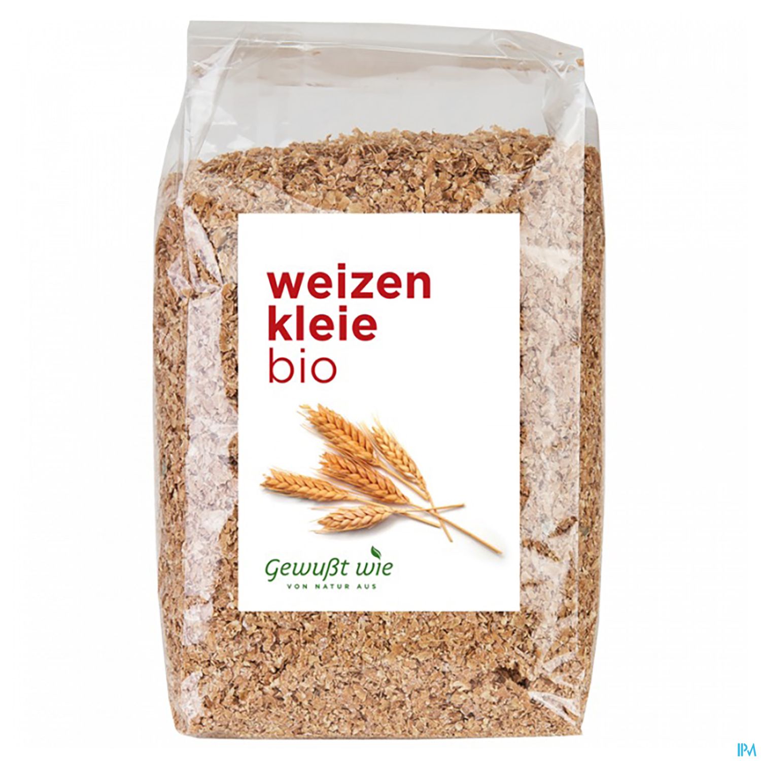 Tüte mit bio Weizenkleie, beschriftet mit "weizenkleie bio" und einem Bild von Weizenähren.