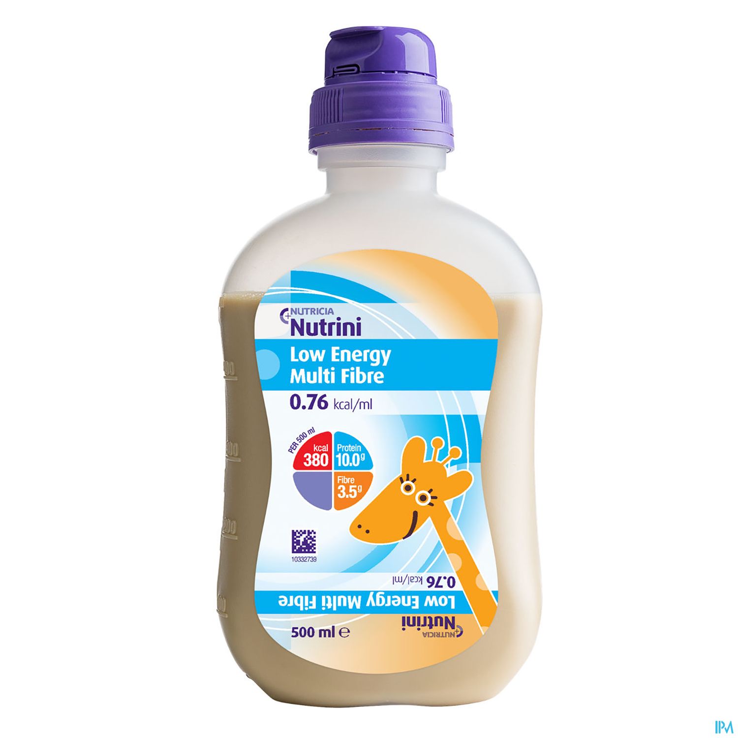 Flasche mit der Aufschrift "Nutrini Low Energy Multi Fibre", 500 ml, mit einem Bild einer Giraffe und Nährwertangaben.