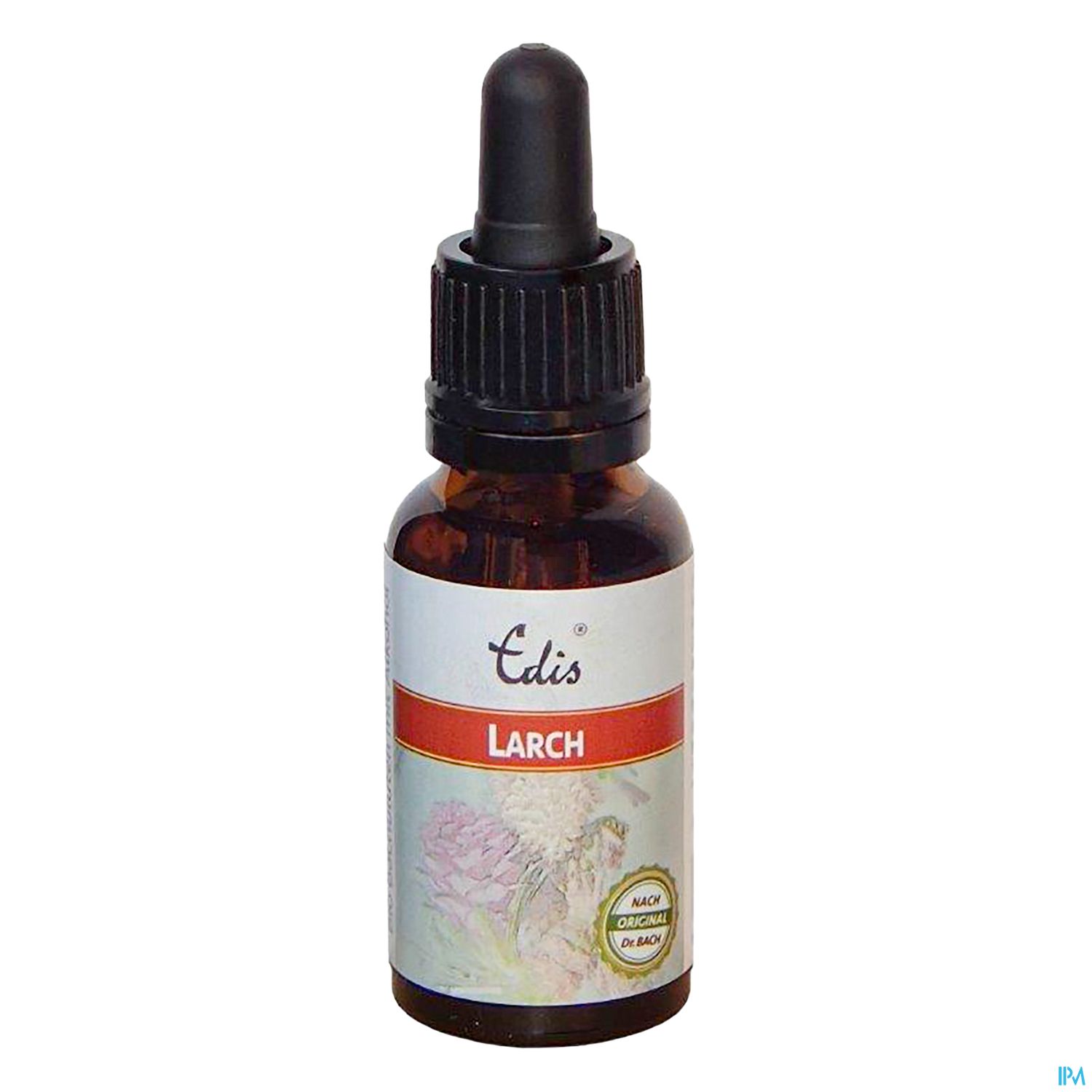 Braunglasflasche mit Pipette, beschriftet mit "Edis Larch".