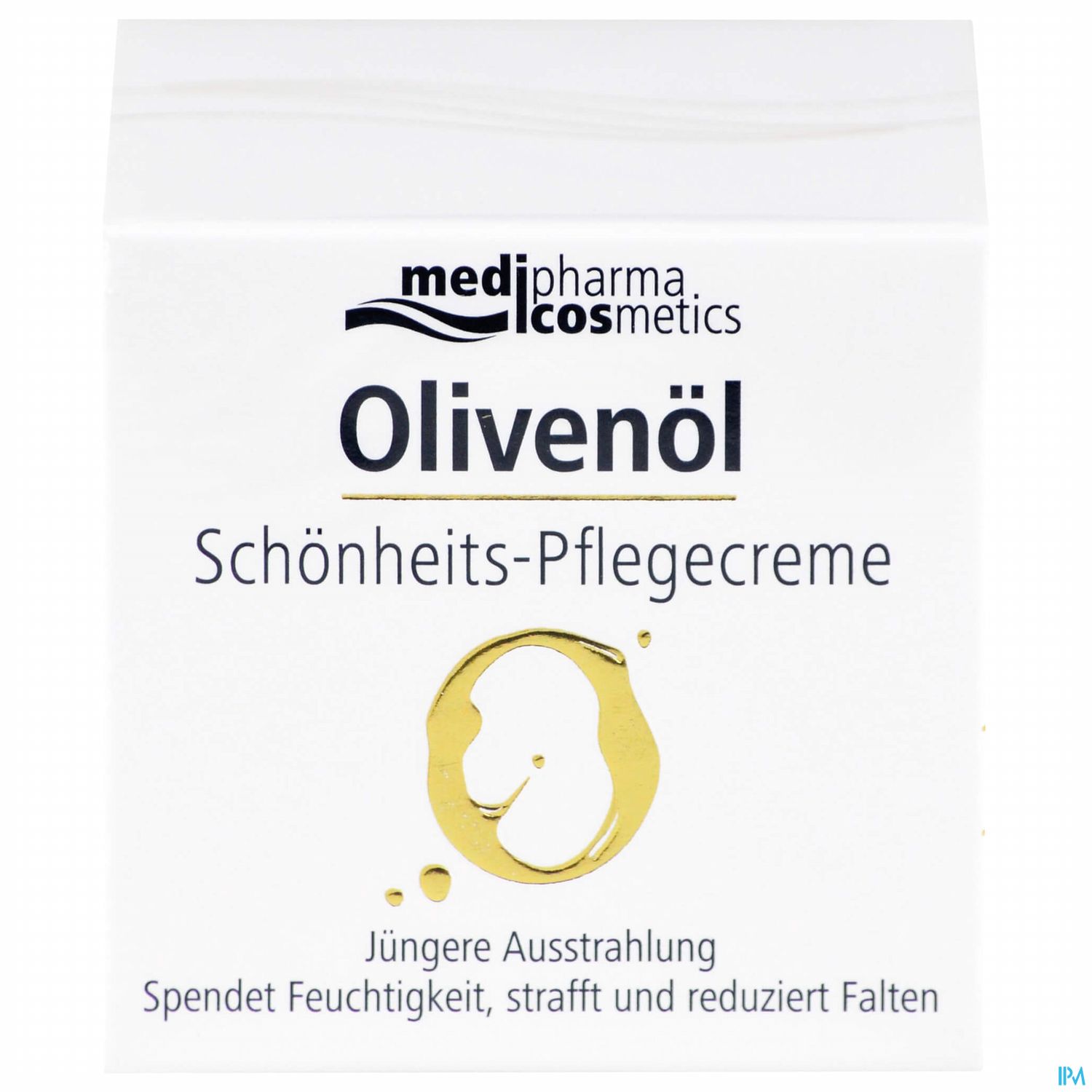 Weiße Verpackung einer Schönheits-Pflegecreme mit der Aufschrift "Olivenöl" und Hinweisen zur Feuchtigkeitsspende und Faltenreduzierung.