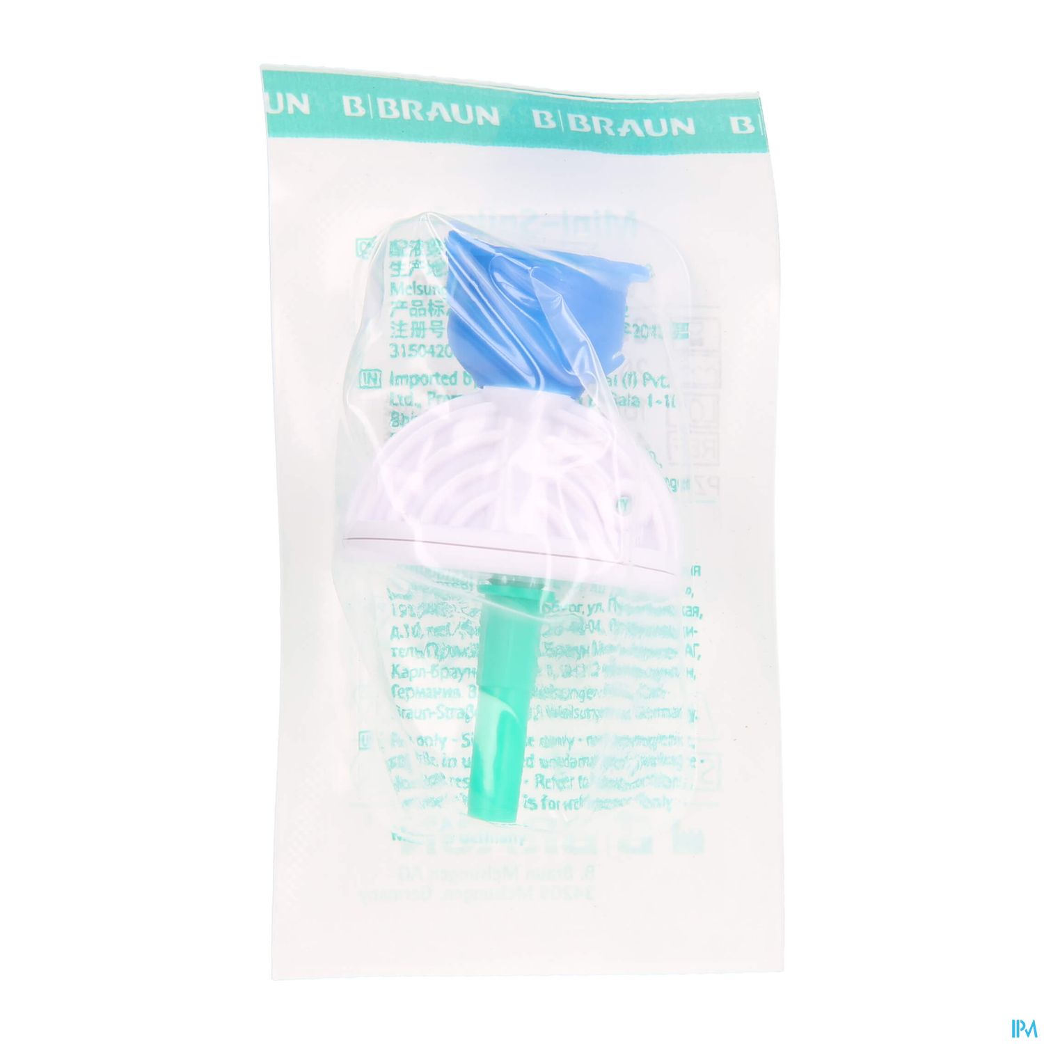 Verpackung mit medizinischem Zubehör von B. Braun, bestehend aus einem weißen und blauen Element sowie einem grünen Teil.