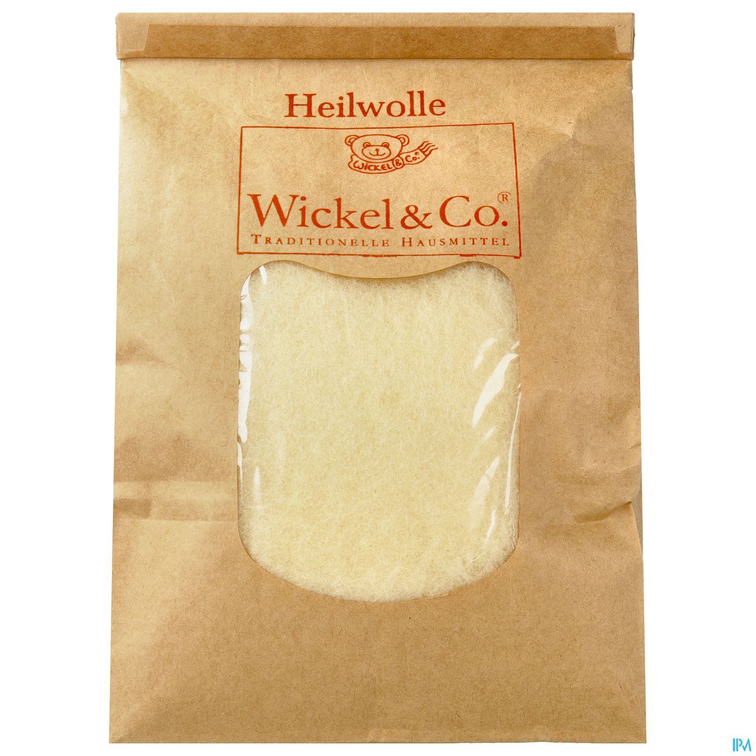 Packung mit Heilwolle von Wickel & Co. in braunem Papier mit transparentem Fenster.