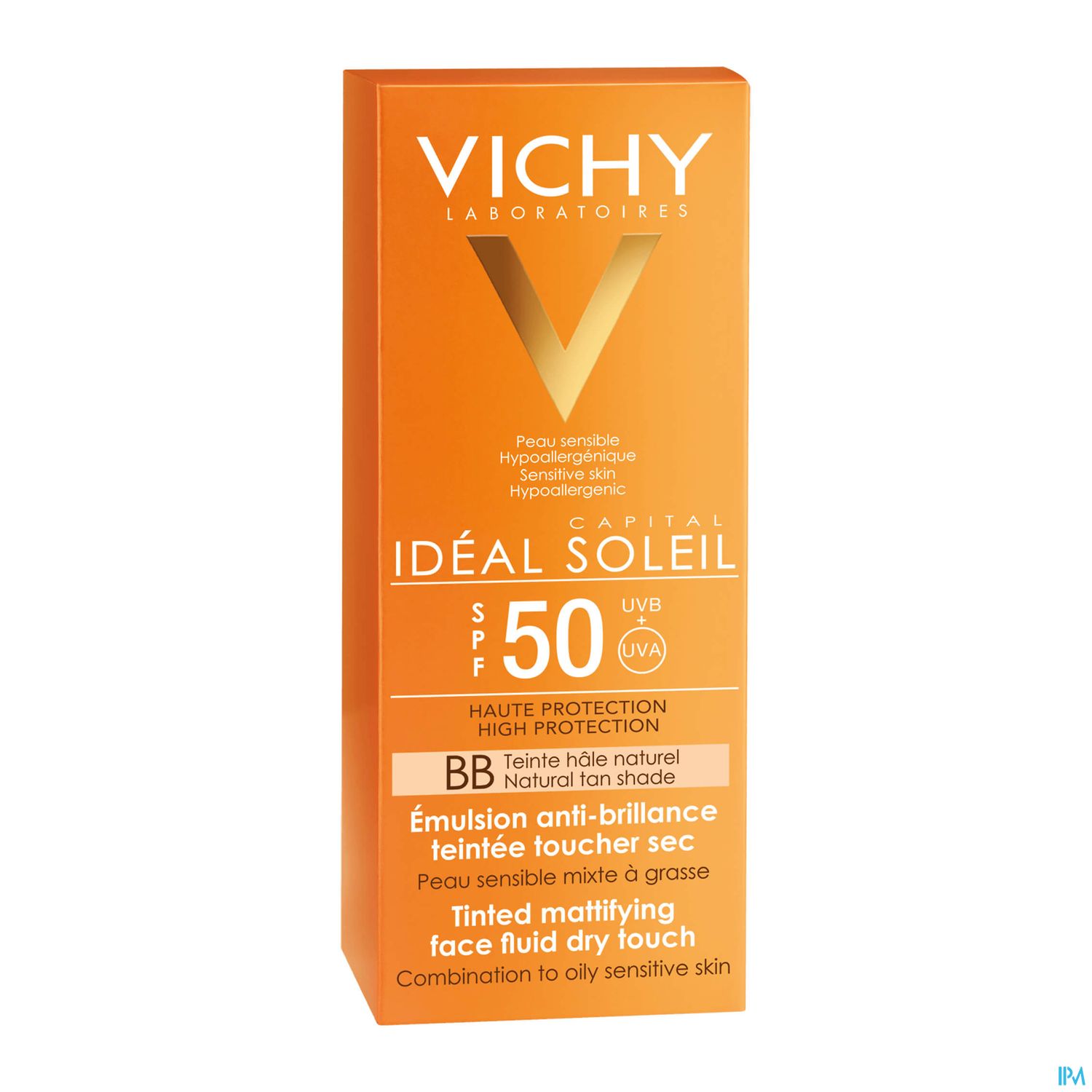 Produktflasche von Vichy für Sonnencreme, SPF 50, mit der Aufschrift "Idéal Soleil".