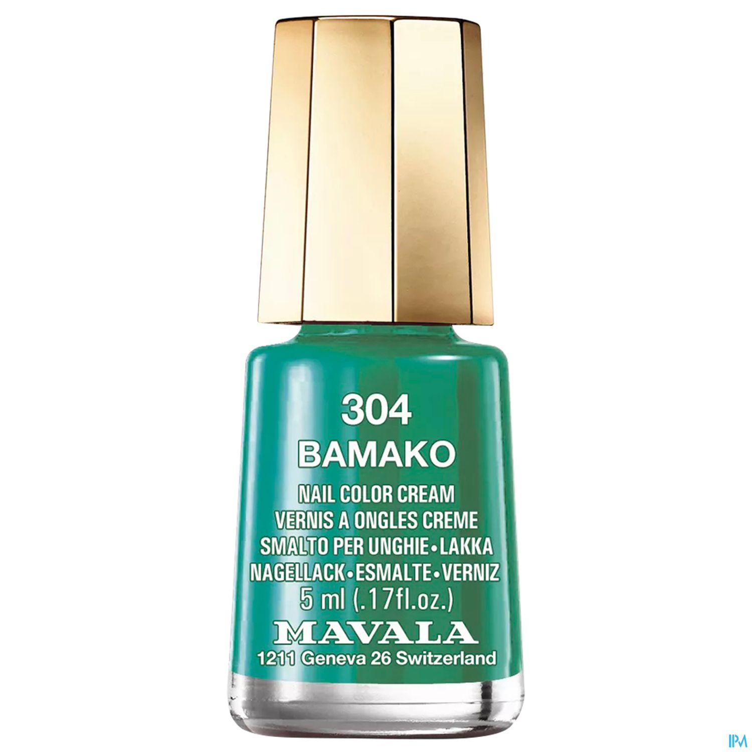 Grüner Nagellack in einer 5 ml Flasche mit goldenem Deckel, Etikett zeigt die Bezeichnung "304 BAMAKO".