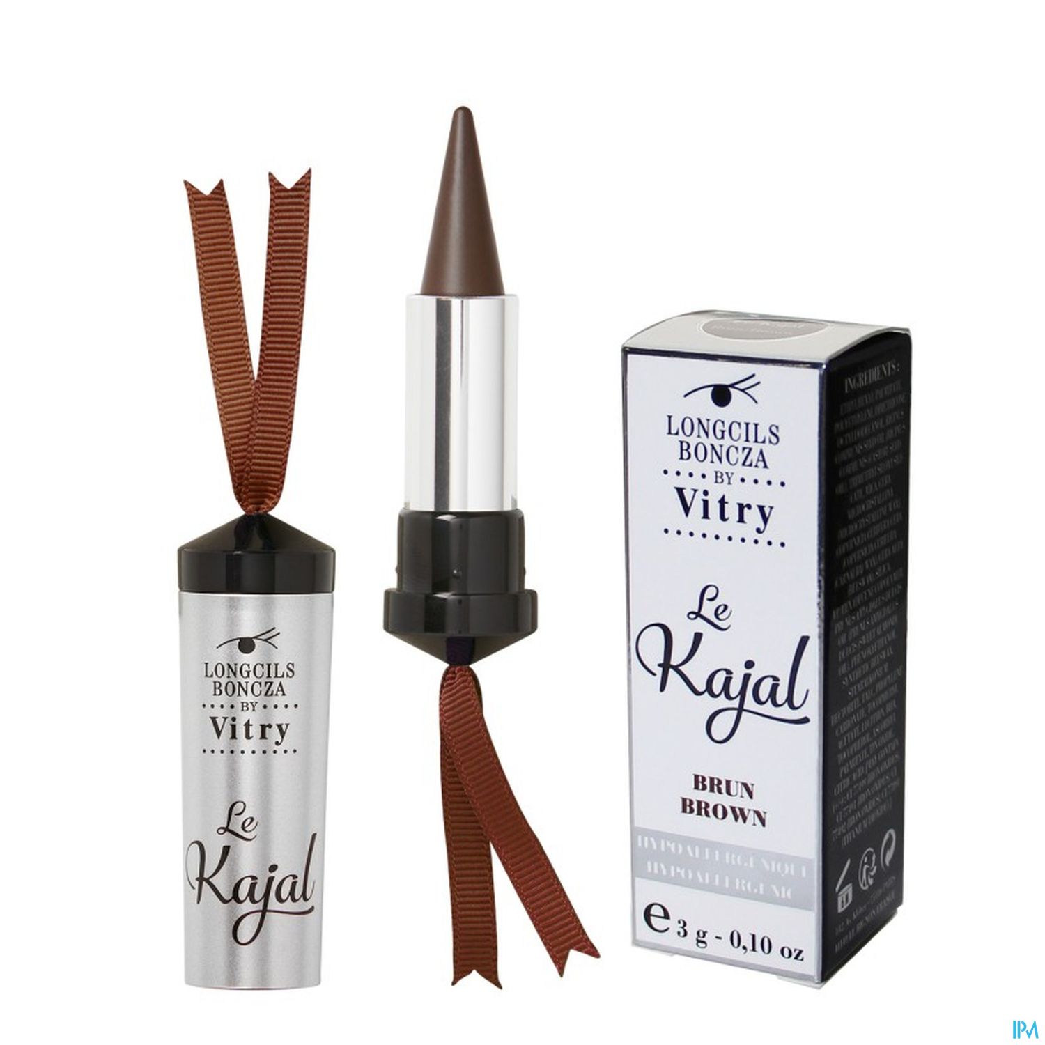 Ein Kajalstift in einer silberfarbenen Verpackung mit braunem Deckel, neben einer passenden Schachtel, die "Le Kajal Brün Brown" zeigt.